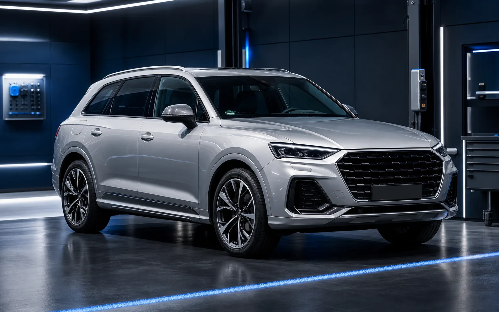 Сребрист премиум SUV в модерно студио за автомобилна проверка